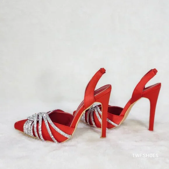 Elegance Slip on Slingback Red Satin Rhinestone Pointy Toe High Heels Shoes - Picture 5 of 12